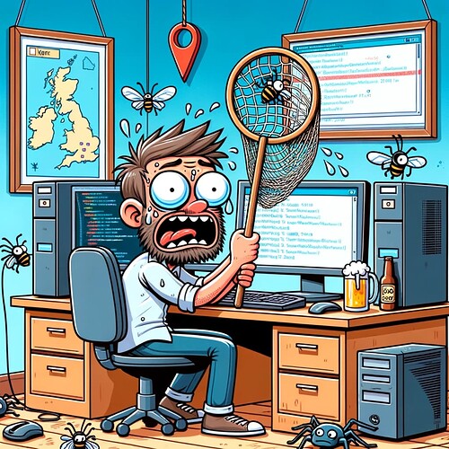 DALL·E 2023-10-26 12.45.37 - Cartoon of Norm with a panicking face, trying to catch software bugs with a net, in his office with a computer setup of two screens and a beer. His fa